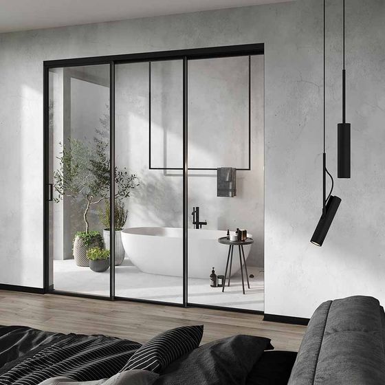 Алюминиевая стеклянная перегородка Каскад AG 1 чёрный матовый стекло прозрачное в интерьере