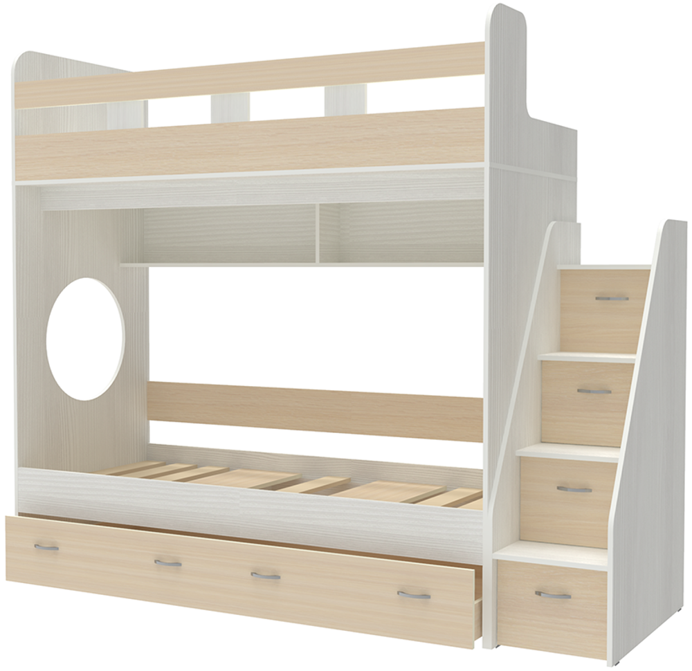 Трехъярусная кровать КарИВи Юниор Белое Дерево  Дуб Молочный