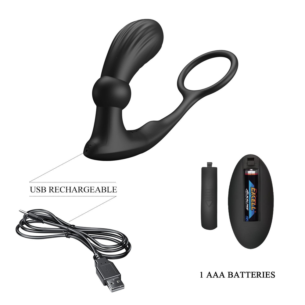 Черный вибростимулятор простаты Warren с эрекционным кольцом (Цвет: черный)