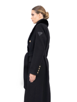 Женское чёрное кашемировое пальто миди с меховым воротником и поясом