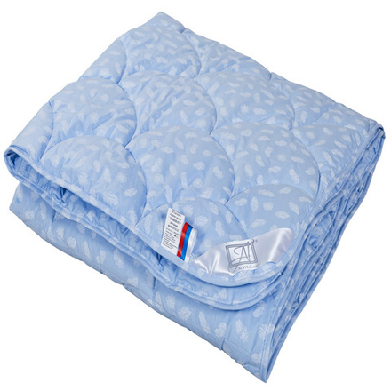 Одеяло "АВТ. ЛЕБЯЖИЙ ПУХ-PRESTIGE" легкое, плотность 200 г/м2, цвет голубой с перьями, тик (100% хлопок), Россия.