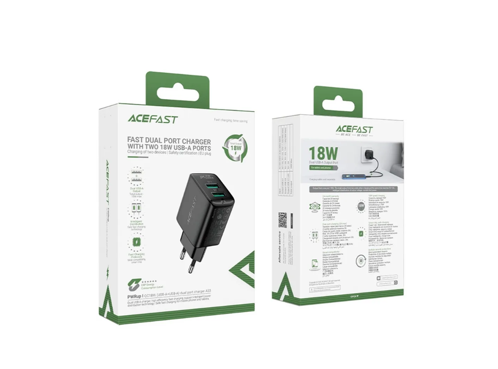ACEFAST Зарядное устройство двухпортовое A33 QC 18W USB-A+USB-A