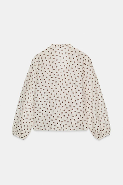 ZARA БЛУЗА С ВОЛАНАМИ, ЭКРЮ/КОРИЧНЕВЫЙ