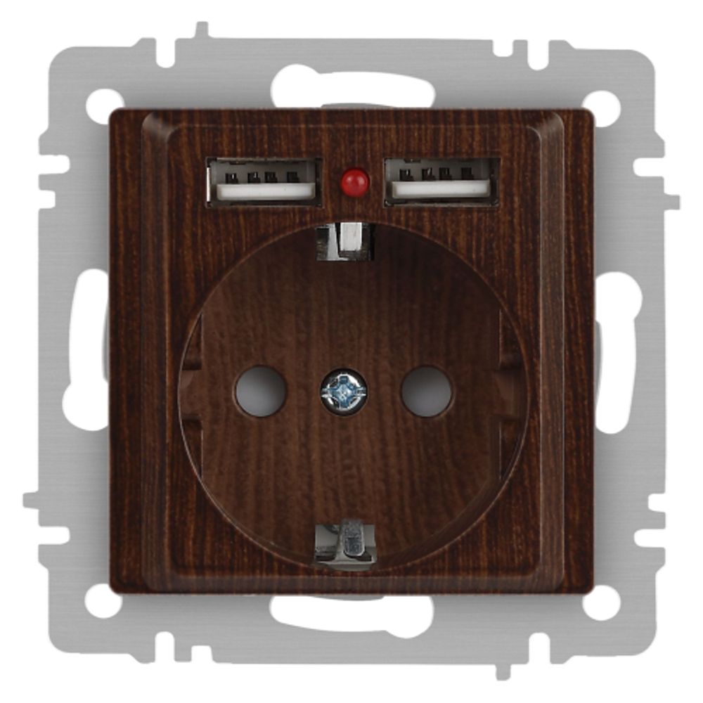 Розетка Intro Accent 6-410-10 с заземлением 2P+E Schuko со шторками 16А-250В + 2хUSB IP20 СУ венге