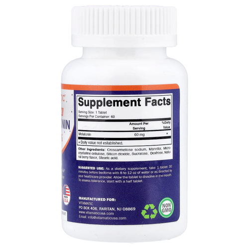 Vitamatic, высокая доза мелатонина, со вкусом натуральных ягод, 60 мг, 60 быстрорастворимых таблеток