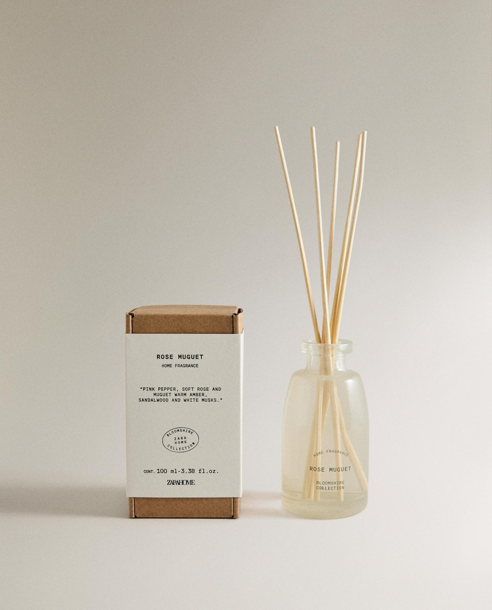 Zara Home Аромадиффузор Rose Muguet 100 мл, тростниковые палочки микадо, аромат цветочный, Розовый