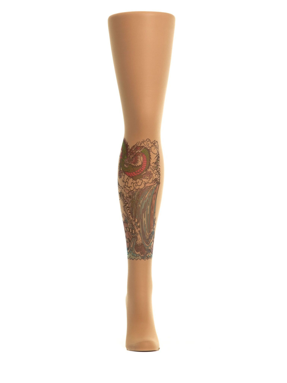Колготки с принтом в виде тигра и дракона на правой ножке (Размер: S-M-L) (Цвет: бежевый)