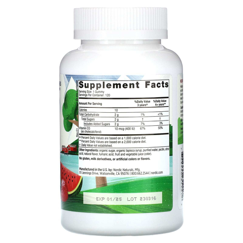 Nordic Naturals, жевательный витамин D3, для детей от 3 лет, со вкусом арбуза, 400 МЕ, 120 жевательных таблеток