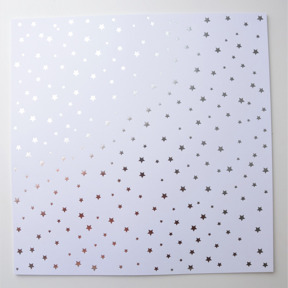 Лист односторонней бумаги с фольгированием, цвет белый, Серебрянные Звезды 30,5х30,5 см