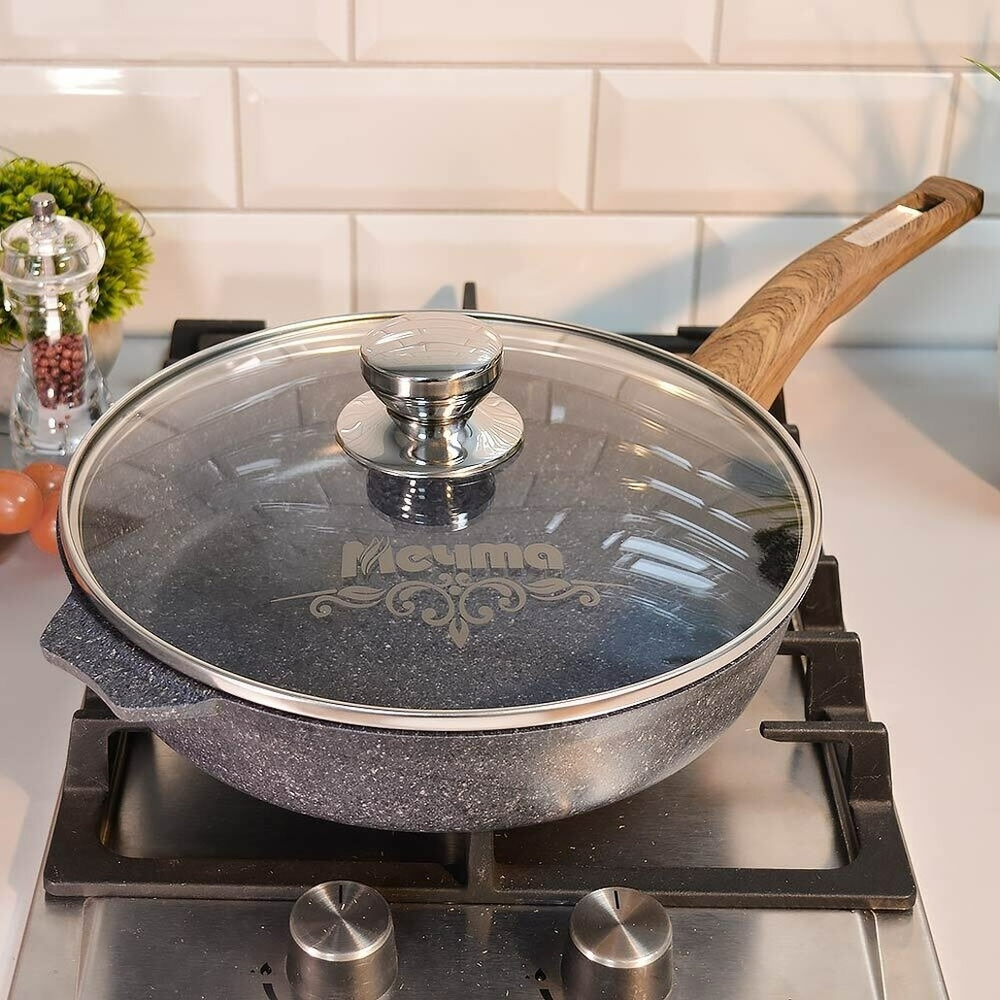 Сковорода 26см Premium blue с несъемной ручкой и стеклянной крышкой