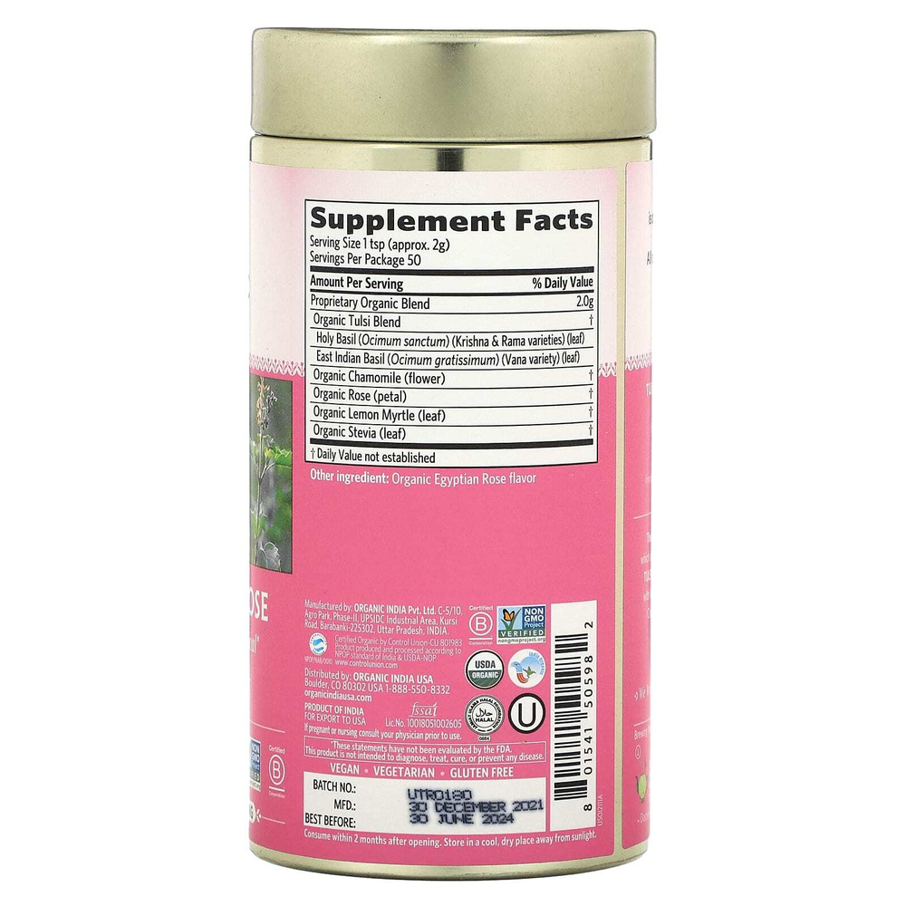 Organic India, чай с сладкой розой, тулси, без кофеина, 100 г (3,5 унции)