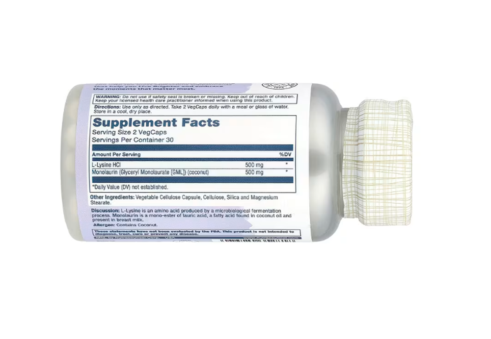 Solaray, L-лизин и монолаурин, в соотношении 1:1, 60 caps.