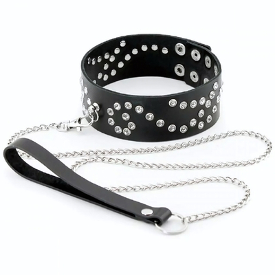 Ошейник широкий со стразами и поводком цепочкой кожа черный