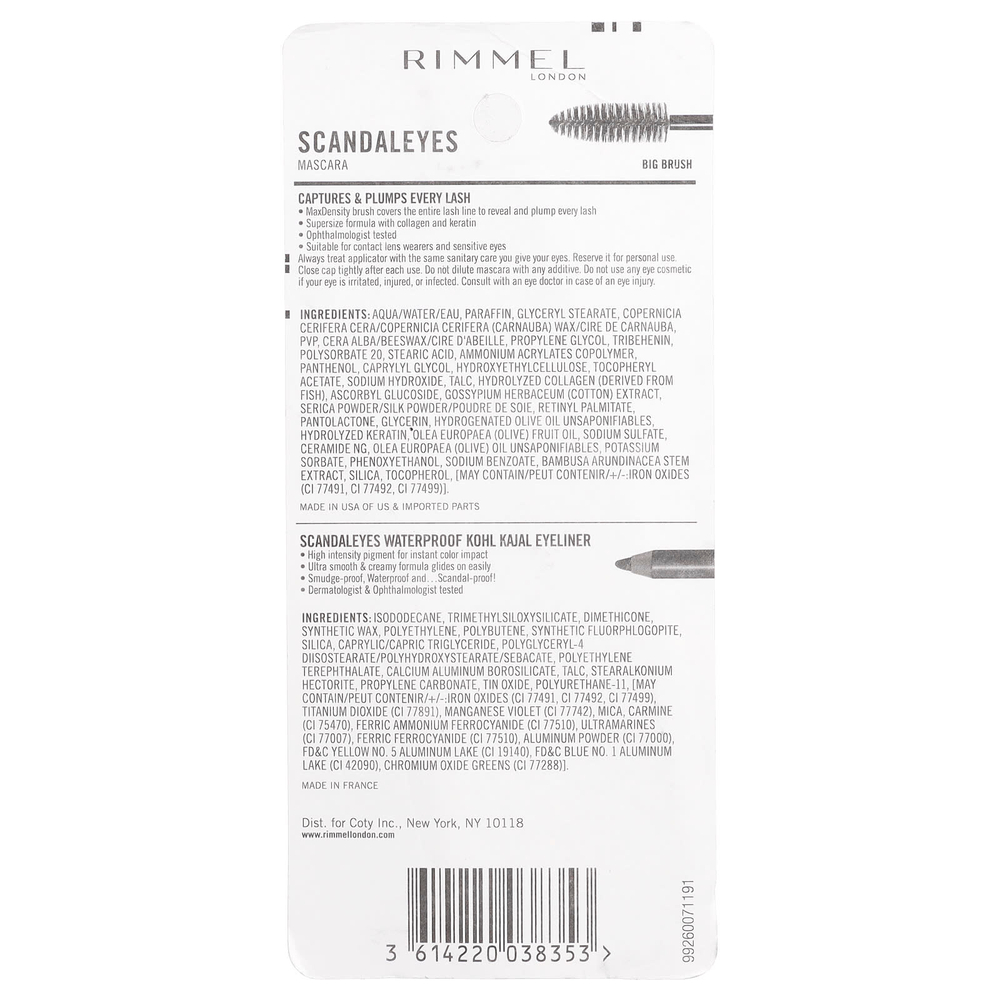 Rimmel London, Verified Eyes, тушь для ресниц с водостойким гелевым карандашом, оттенок 003 насыщенный черный, набор из 2 предметов