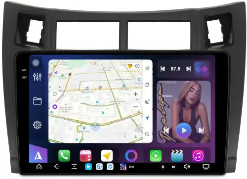 Магнитола для Toyota Vitz 2, Yaris 2 2005-2011 (рамка черная) - FarCar S500-TS20 монитор 9.5" 2K QLED на Android 14, Быстрейшая, CarPlay, 4G SIM-слот