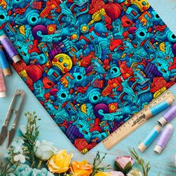 Ткань премиум сатин мультяшный хаос