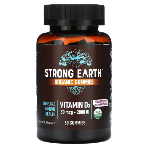 YumVs, Органические жевательные мармеладки Strong Earth, витамин D3, клубника и малина, 60 жевательных таблеток (1000 МЕ на жевательную таблетку)