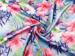 Эластичный бельевой атлас-стрейч, лилии на голубом фоне, (Арт: ASP-005)