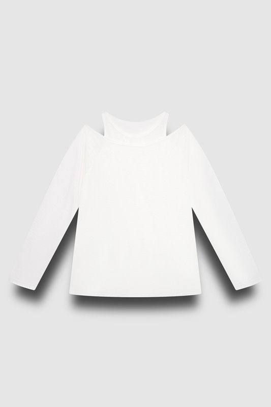 Лонгслив двухслойный на одно плечо, молочный