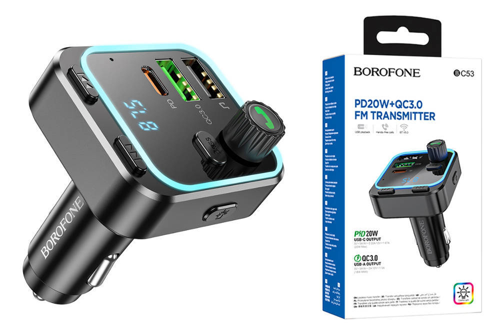 FM модулятор Borofone BC53 PD20W+ QC3.0 BT/USB/SD/FM, черный
