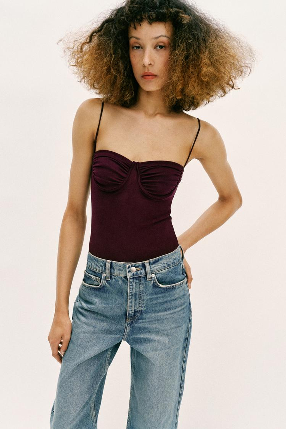 ZARA БОДИ СО СБОРКАМИ, ТЕМНО-БАКЛАЖАНОВЫЙ