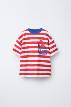 ZARA ФУТБОЛКА В ПОЛОСКУ С ПРИНТОМ, КРАСНЫЙ