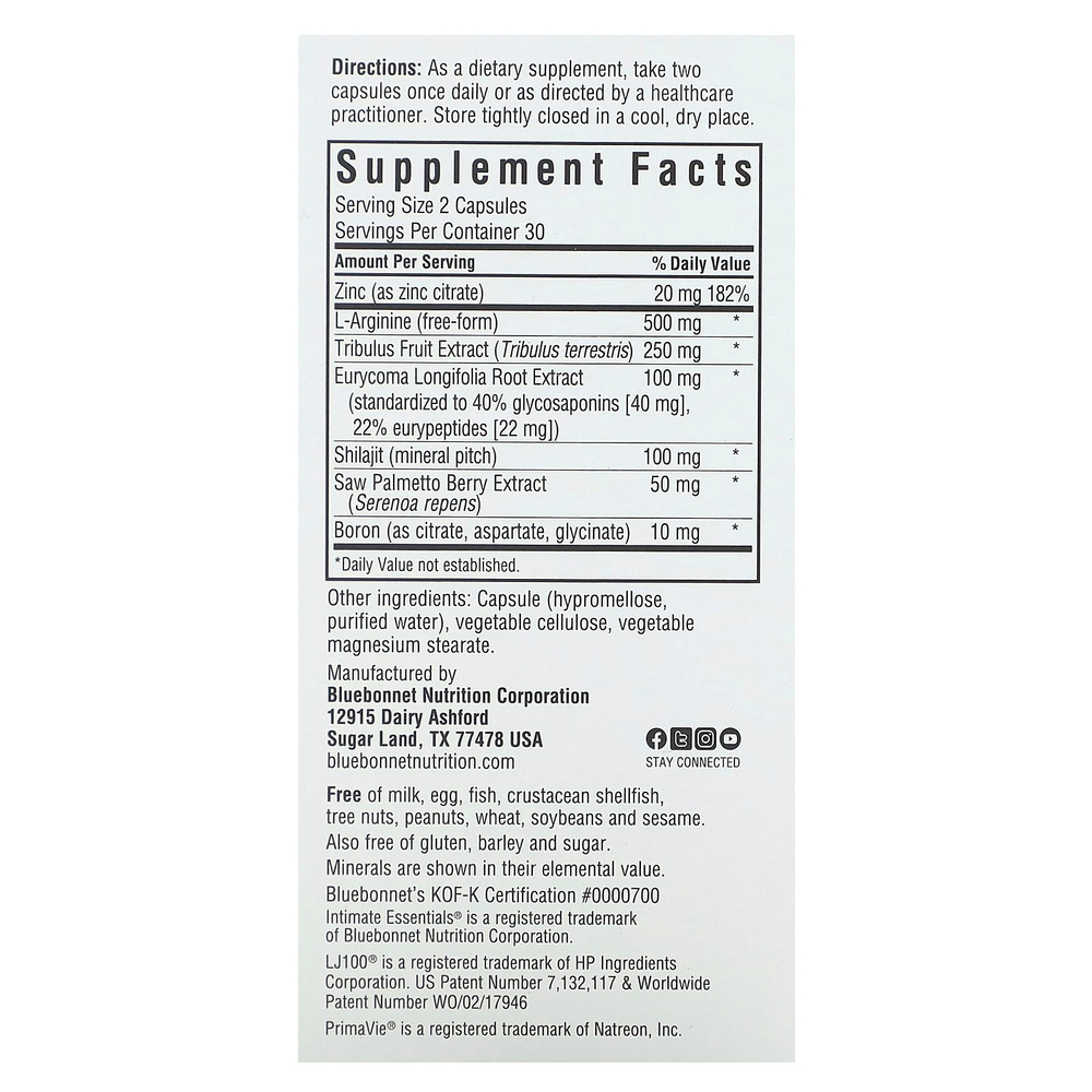 Bluebonnet Nutrition, Intimate Essentials, для него, повышение тестостерона и либидо, 60 вегетарианских капсул