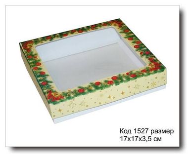 Коробка с окном код 1527 размер 17х17х3.5 см для пряника (С Новым годом)