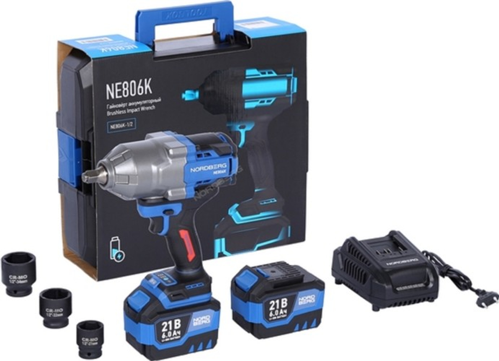 Гайковерт аккумуляторный NORDBERG NE806K-1/2 21В, 1500 Нм с двумя 6A аккум. и зар. уст. в кейсе