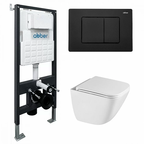 Унитаз подвесной ABBER Rechteck AC1220TC-AC0105-AC0120MB белый/кнопка черный матовый, с крышкой микролифт, с инсталляцией, безободковый, слив-торнадо