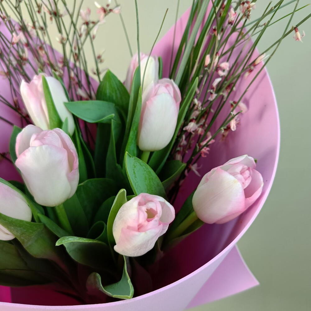 Розовые тюльпаны с ароматной генистой и зеленью