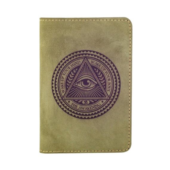 Обложка из нубука светло зеленого цвета с гравировкой всевидящее око на белом фоне.