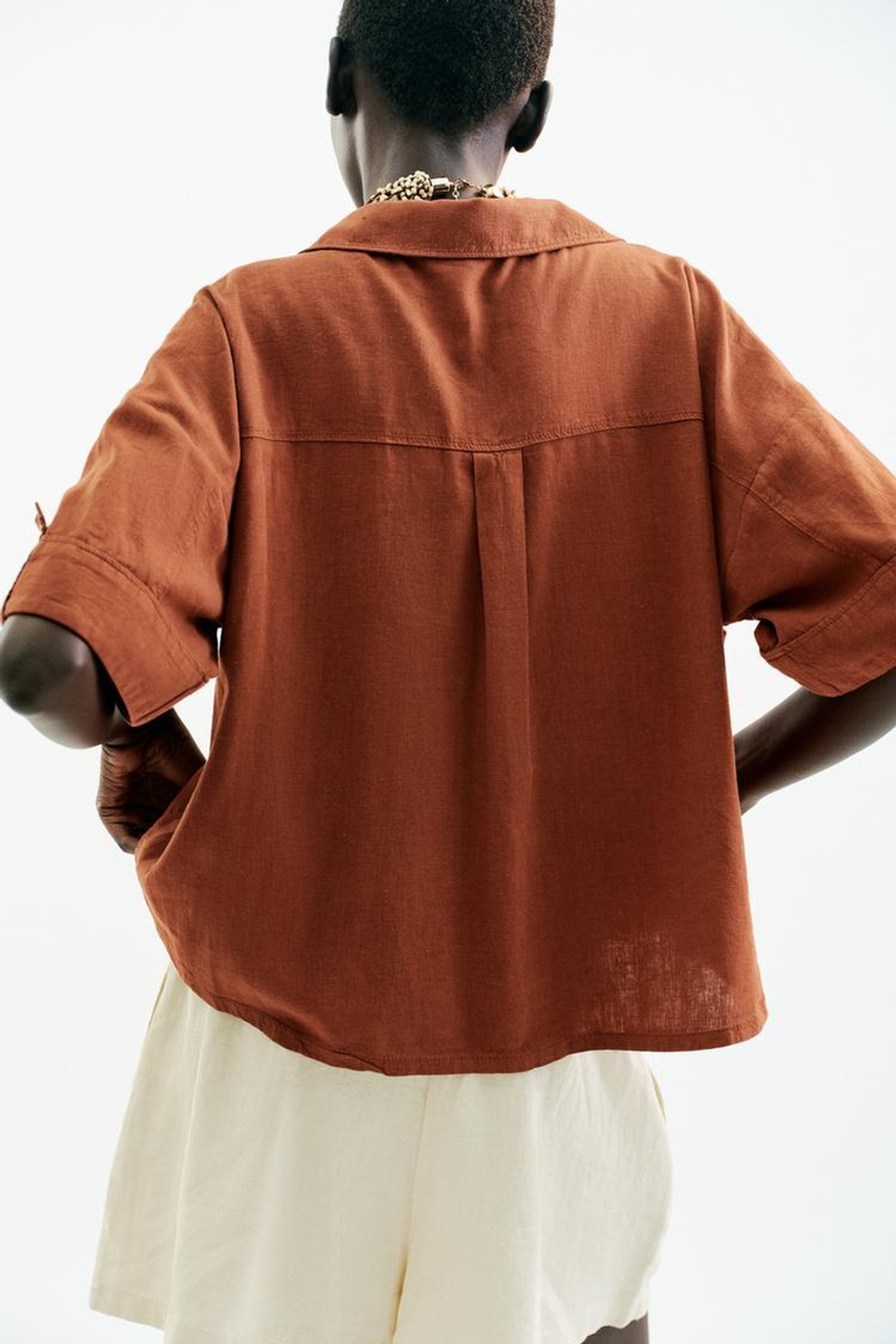 ZARA УКОРОЧЕННАЯ РУБАШКА ИЗ СМЕСОВОГО ЛЬНА, ТЕРРАКОТОВЫЙ