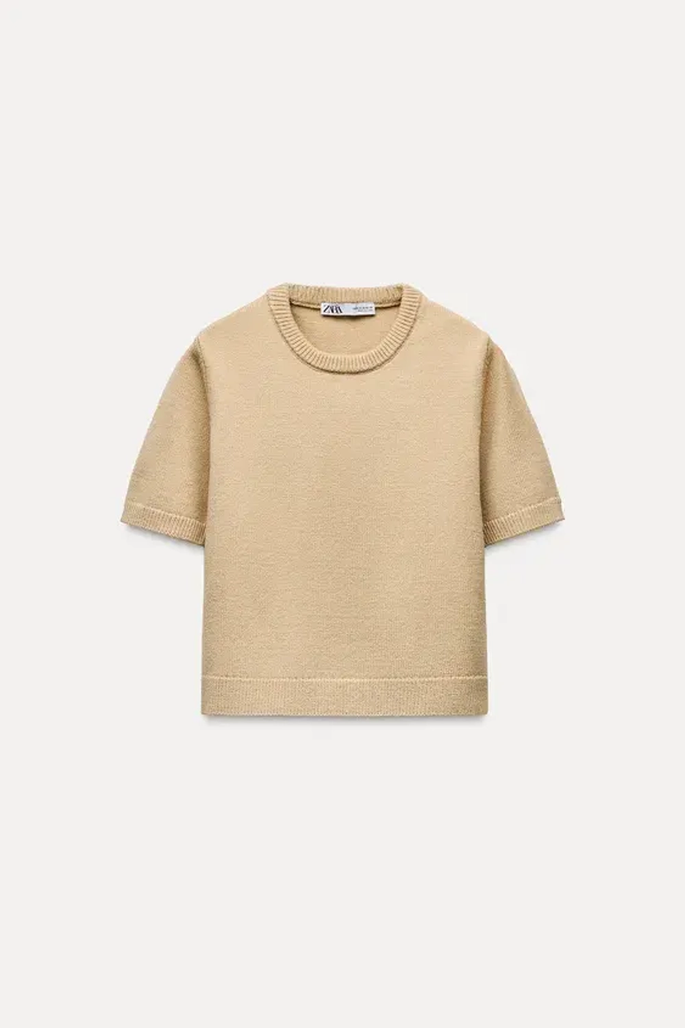 ZARA БАЗОВЫЙ ОДНОТОННЫЙ ТРИКОТАЖНЫЙ ТОП С КОРОТКИМИ РУКАВАМИ, БЕЖЕВЫЙ