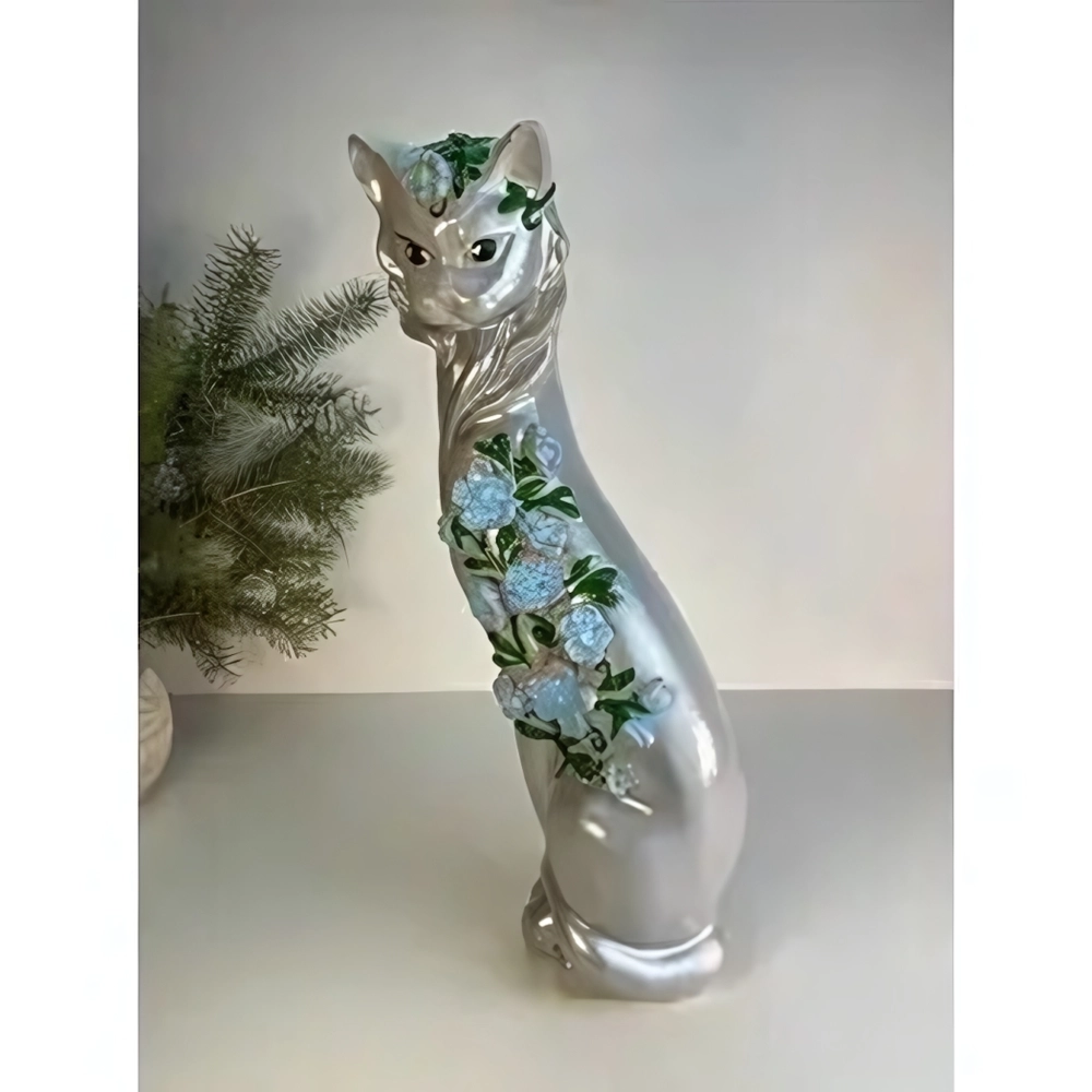 Статуэтка Кошка Цветы, 45 см (серая, гипс)