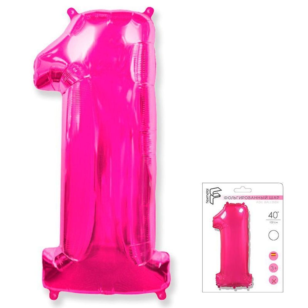 Шар (40"/102 см) Цифра, 1, Фуксия в упаковке / One