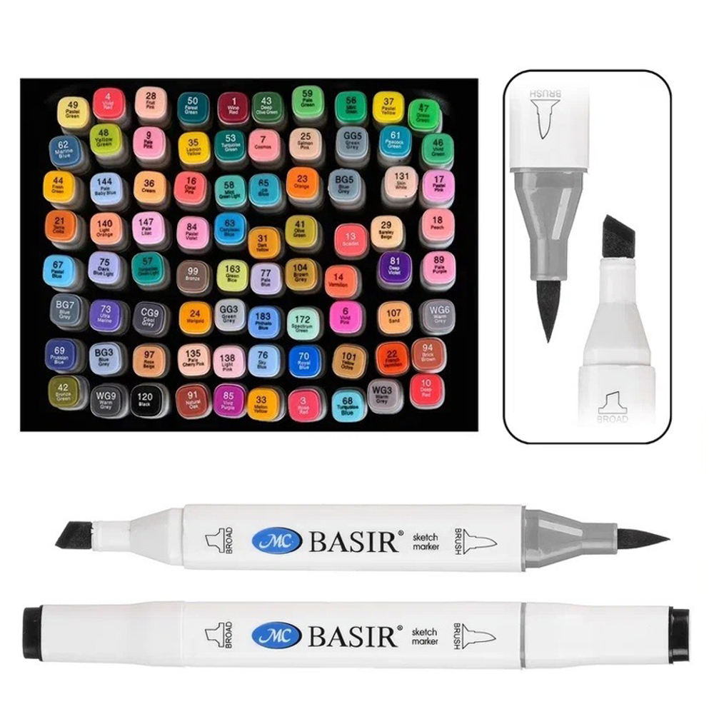 Маркер для скетчинга, двусторонние, Basir, четырехгранные, 14 мм, спиртовые, 80 шт