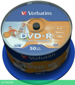 DVD-R диск Verbatim 4,7GB 16x Cake Box InkJet Printable (43533)