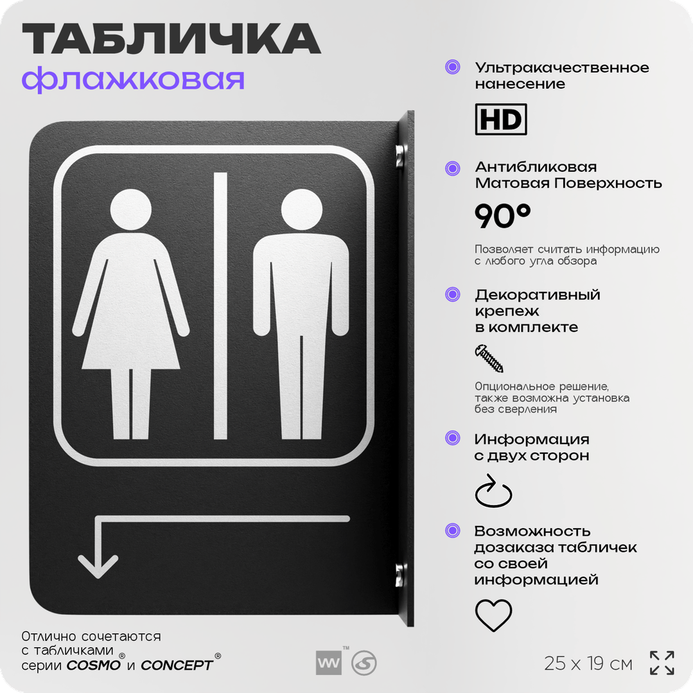 Табличка "Туалет налево и налево" флажковая на стену, двусторонняя с крепежом, 19 х 25 см, для офиса, кафе, ресторана, серия COSMO, Айдентика Технолоджи