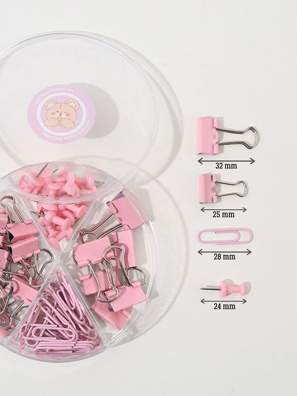 Набор канцелярский розовый из 4-х предметов - скрепки, зажимы 2 вида, кнопки (К0011-010)