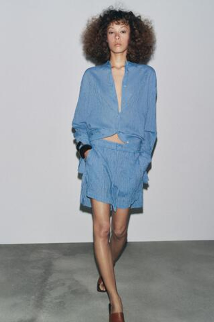 ZARA ДЛИННАЯ РУБАШКА В ПОЛОСКУ ZW COLLECTION, СИНИЙ