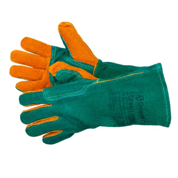 Краги Gward Green Welder, из спилка, зеленого цвета, с усилением, прошиты огнеупорной нитью