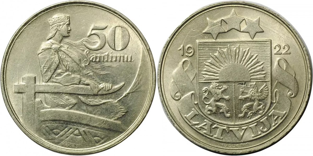 Латвия 50 сантимов, 1922 Латышская девушка XF