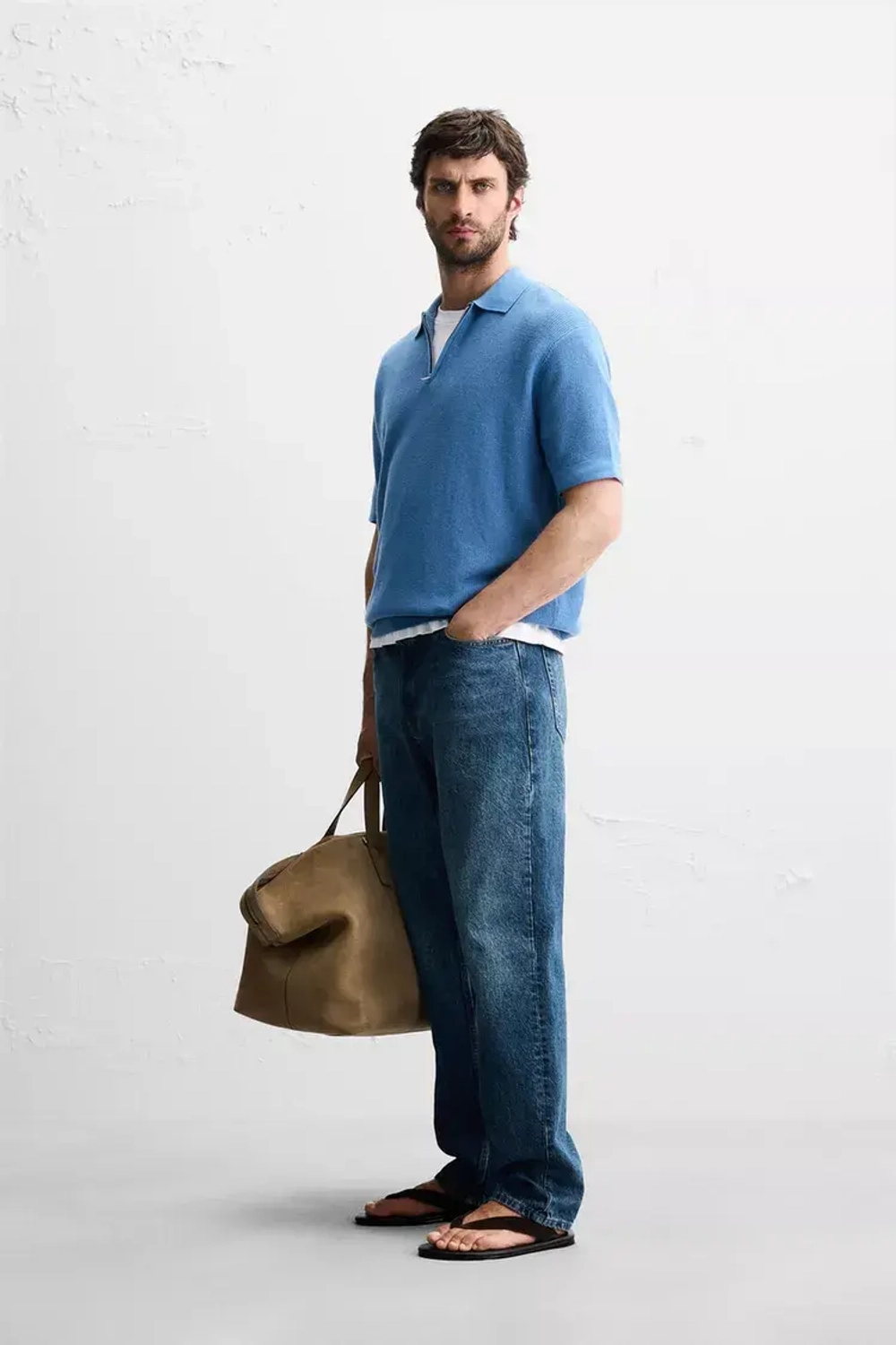 ZARA ПОЛО ПЛАТОЧНОЙ ВЯЗКИ С МОЛНИЕЙ, ЯРКО-СИНИЙ