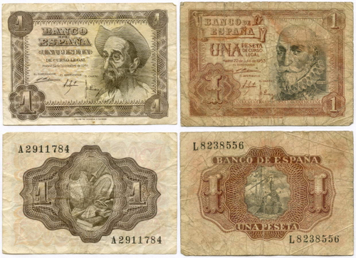 Банкноты Испания 1 песета 1951 и 1953 гг (из обращения)