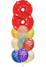 Фонтан c красной цифрой «8» из 10 воздушных шаров с гелием