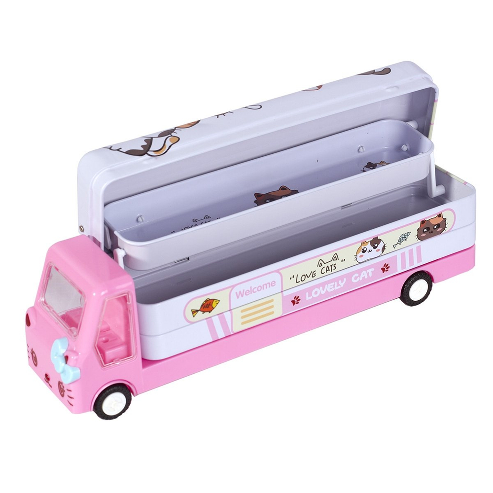 Пенал металлический машина 2 отделения Alingar, таблица умножения, 50 х 190 мм, "Love cat", бело/розовый (котятки)