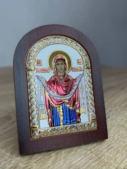 Покрова БМ, икона арочная, красное дерево, эмаль 86х112