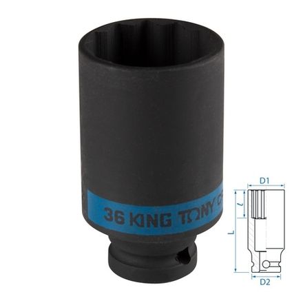 Цена на KING TONY (443036M) Головка торцевая ударная глубокая двенадцатигранная 1/2", 36 мм
