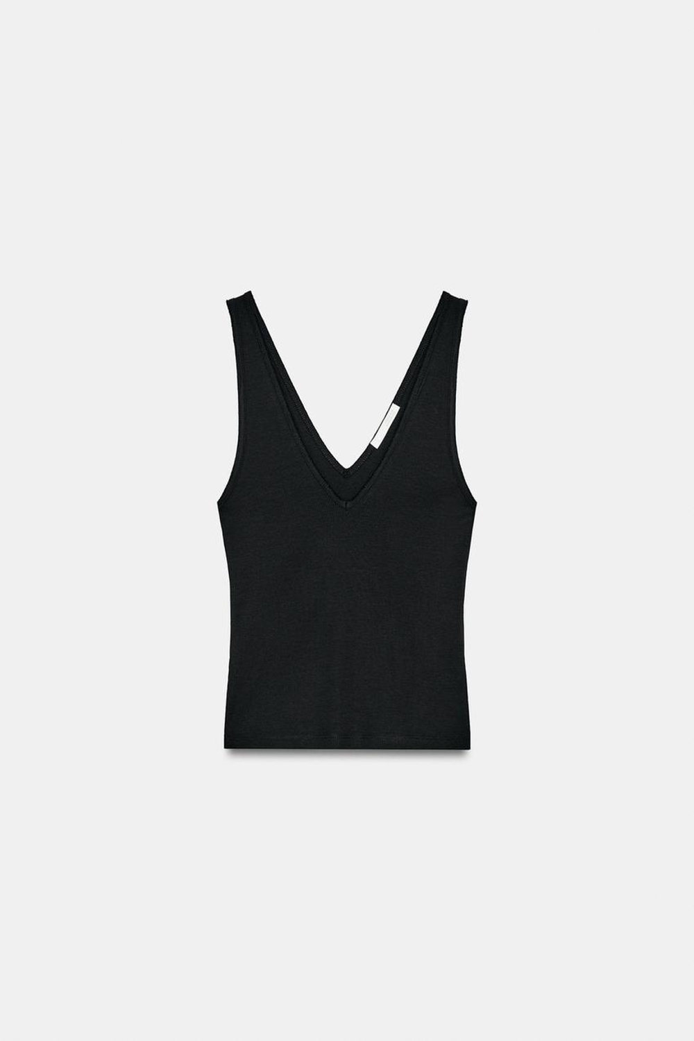 ZARA ТОП В РУБЧИК С V-ОБРАЗНЫМ ВЫРЕЗОМ, ЧЕРНЫЙ